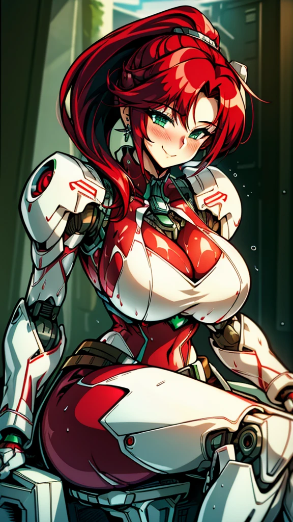 20-year-old girl，Crimson hair，side braid，Smile，Huge breasts，cleavage，Sheer red sleeveless top，Leave space in the middle to reveal cleavage，Soaked all over，Blushing，green eyes，Female spy，Red miniskirt，White gloves，White hand sleeves，White boots，Science fiction，Future，robot driver，There is a pistol on the back belt，No bangs，Wearing earrings only on one side，leather neck brace，There is a belt around the waist，Inside the huge robot cockpit，Sitting in the driving seat，Darkness all around