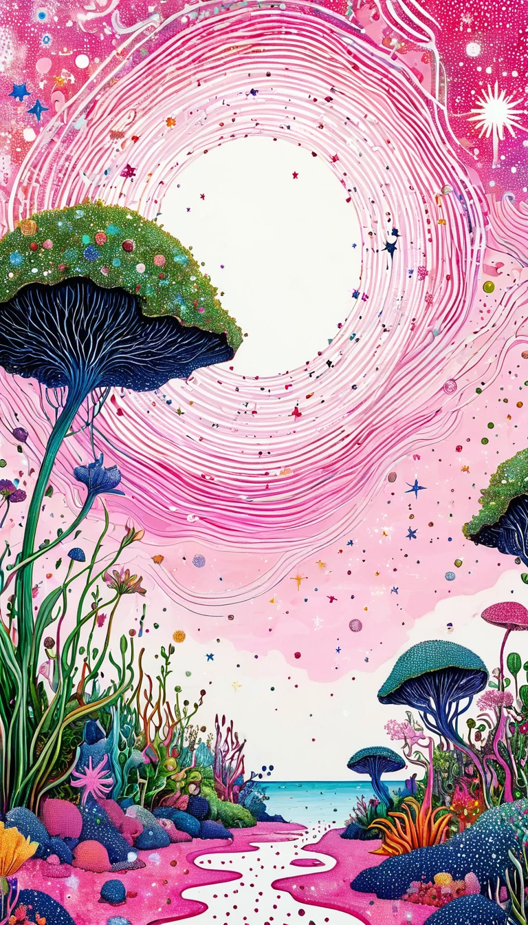 plant、Marine life、Eye、Starry Sky，An abstract painting at the joint，Describing the inner world of autistic people，Sense of space，blank，White Space，Pointillism method，Childish lines，Pink theme