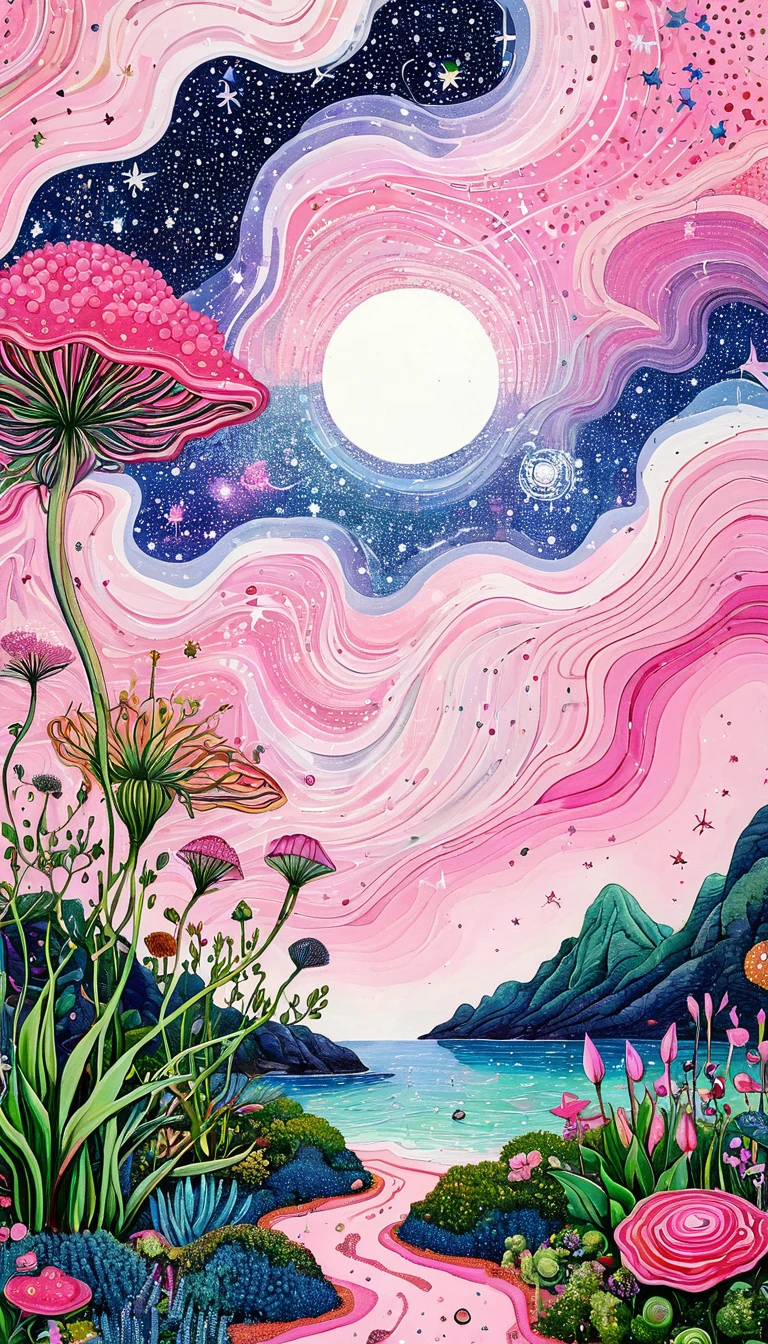 plant、Marine life、Eye、Starry Sky,An abstract painting at the joint,Describing the inner world of autistic people,Sense of space,blank,White Space,Pointillism method,Childish lines,Pink theme