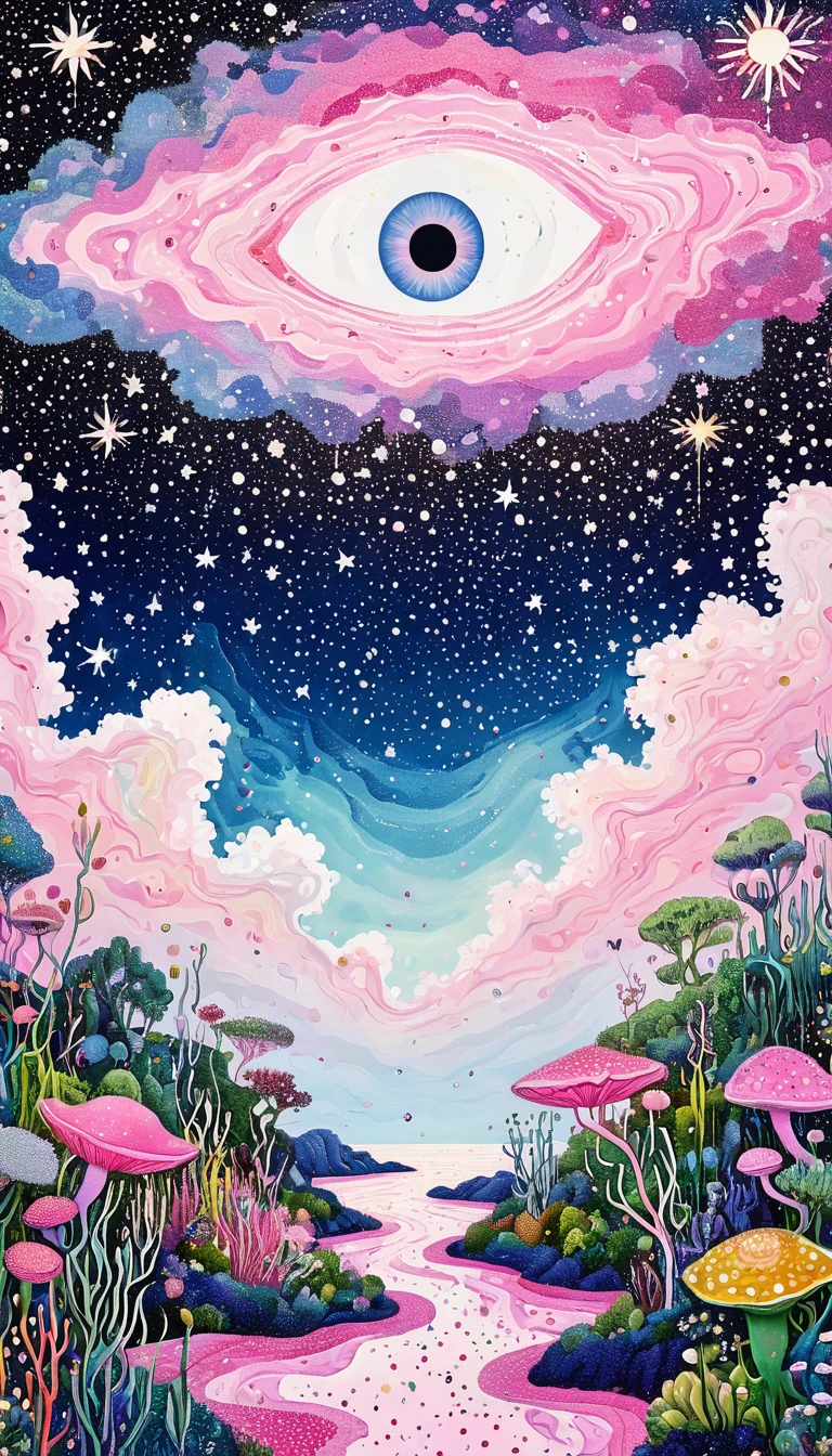 plant、Marine life、Eye、Starry Sky,An abstract painting at the joint,Describing the inner world of autistic people,Sense of space,blank,White Space,Pointillism method,Childish lines,Pink theme