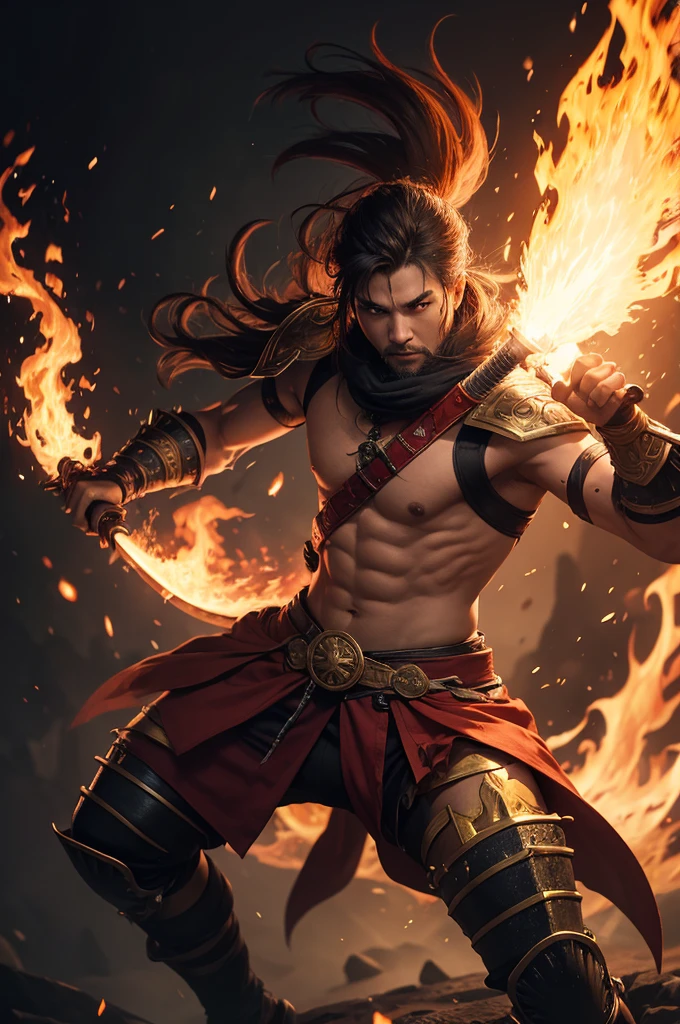 Warrior with two swords using fire breath and fire coming out of his body