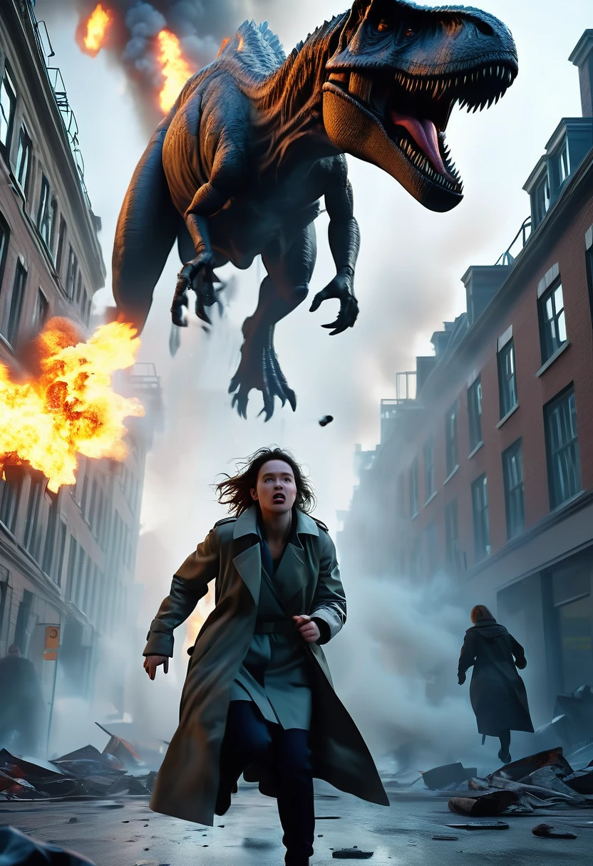 realistic, movie scene, city in chaos, fire and smokes, zdyna_pose, dutch angle, from below, foreshortening, woman in trenchcoat standing above viewer in a zdyna_pose running away from a T-Rex in a low camera angle actions scene, foreground objects dust and volumetric lighting, bright cinematic lighting