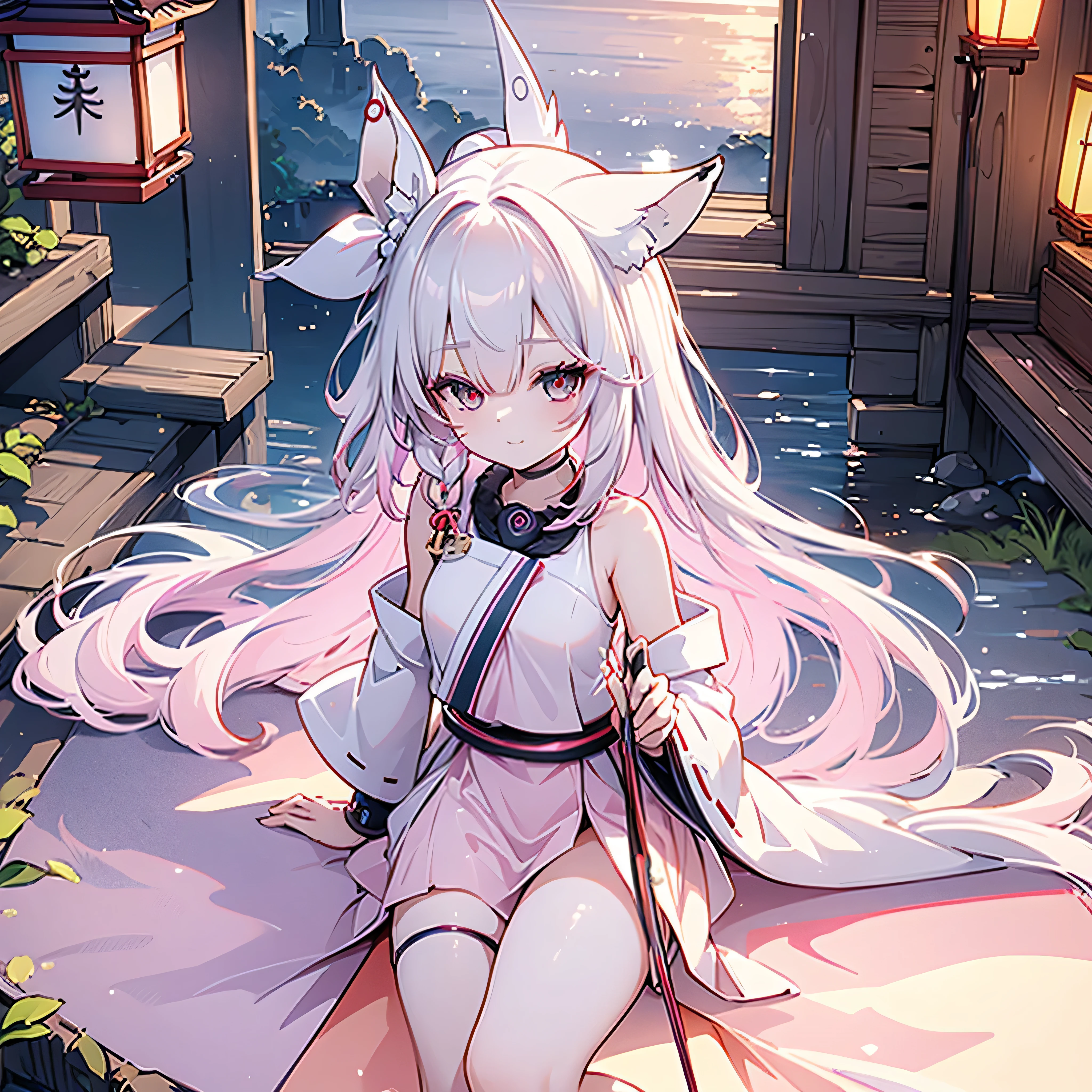 ((masterpiece)), ((Best Quality)), (Ultra-detailed), Anime style, Cute , 1girl in, Solo, fox maiden, shrine, maiden, pink color fur, miko clothing, fox ears, night, lanterns, pink hair color, 16 years old, blood red eyes, smirk