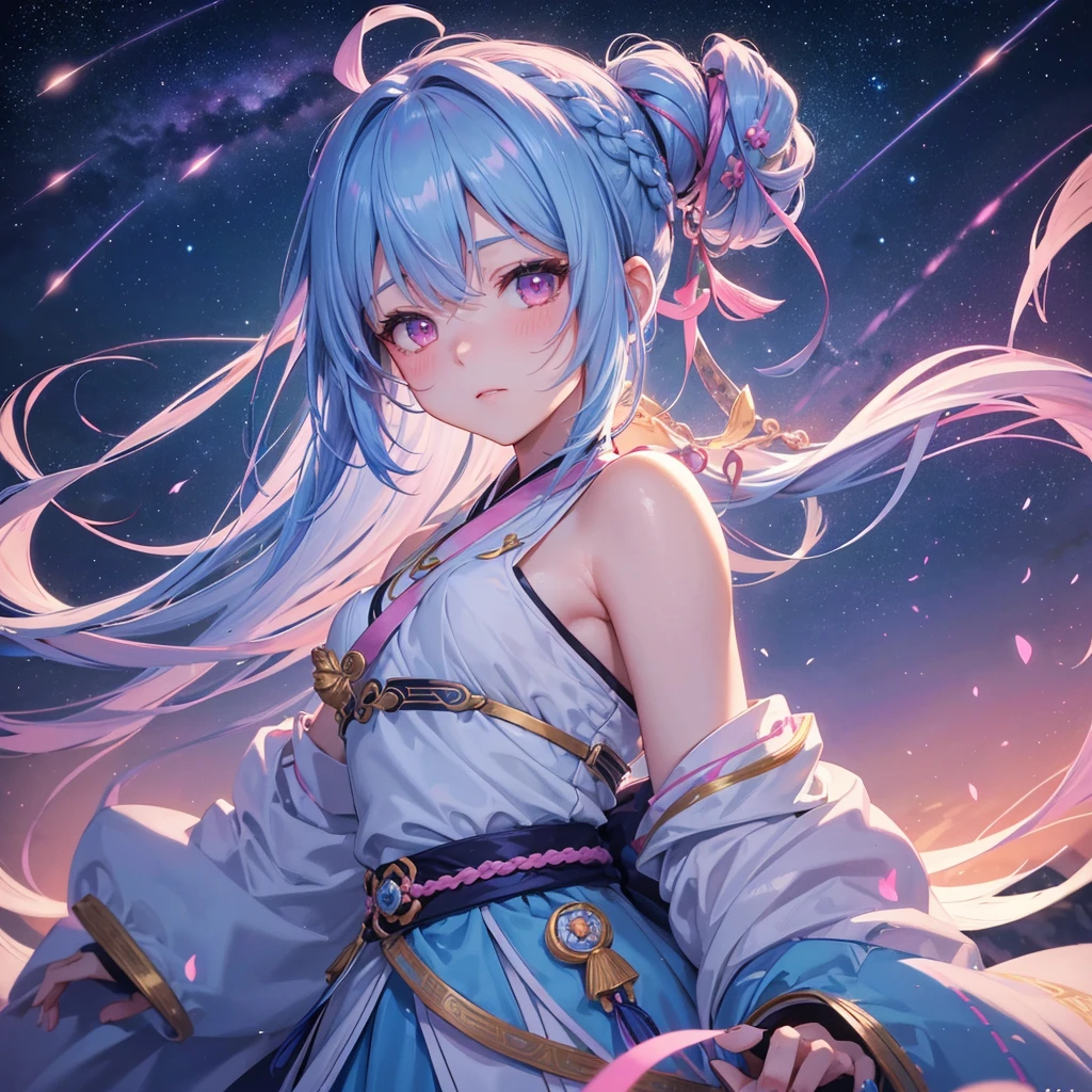 Sky blue hair, (One braided ponytail),(Pink Eyes),Fair skin ,(whole body),(One girl),Hanfu,The goddess,Tanabata,(A beautiful Milky Way in the night sky),Stern face,Blushing,Straight bangs,(masterpiece, Highest quality, Very detailed, Best Shadow), (Detailed Background), (Beautifully detailed face), High Contrast, (Best lighting, Very delicate and beautiful), ((Cinematic Light)), colorful, Hyper Detail, Dramatic Light, Intricate details,