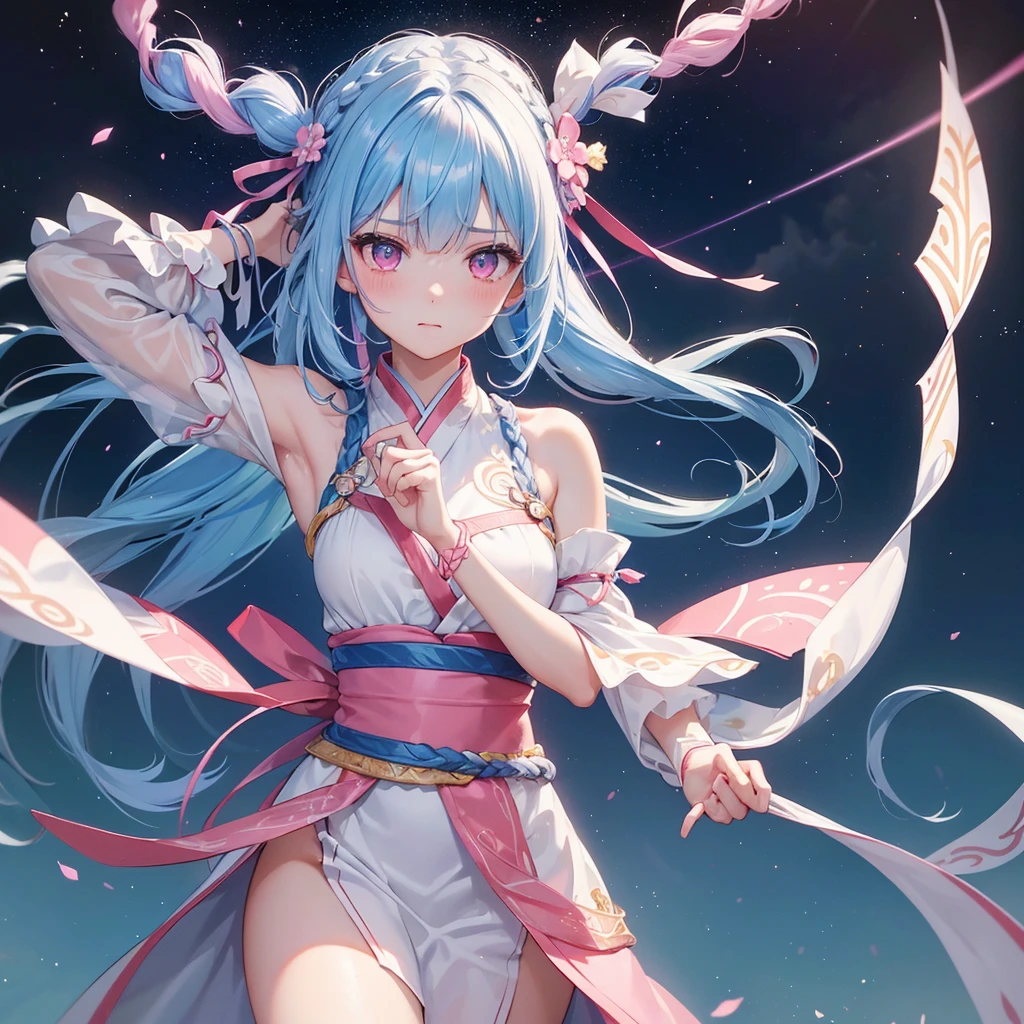 Sky blue hair, (One braided ponytail),(Pink Eyes),Fair skin ,(whole body),(One girl),Hanfu,The goddess,Tanabata,(A beautiful Milky Way in the night sky),Stern face,Blushing,Straight bangs,(masterpiece, Highest quality, Very detailed, Best Shadow), (Detailed Background), (Beautifully detailed face), High Contrast, (Best lighting, Very delicate and beautiful), ((Cinematic Light)), colorful, Hyper Detail, Dramatic Light, Intricate details,