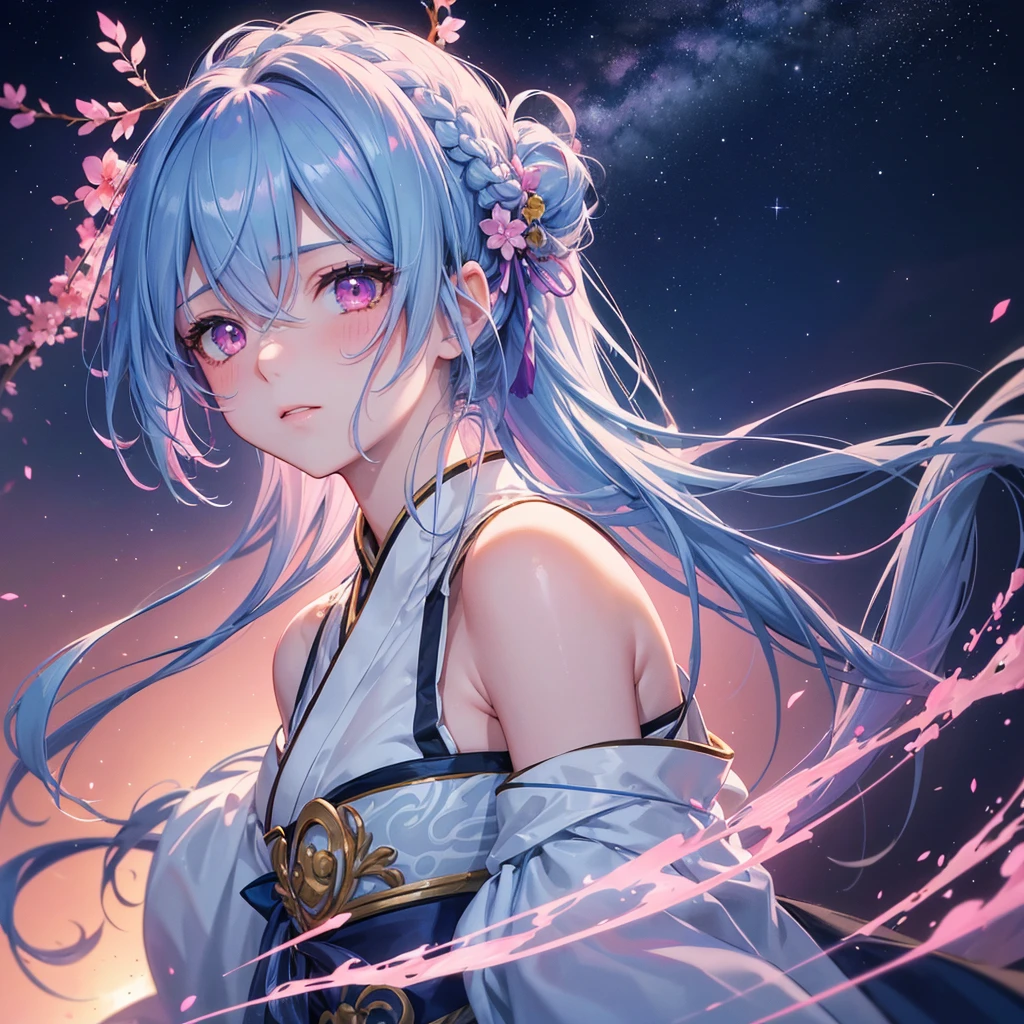 Sky blue hair, (One braided ponytail),(Pink Eyes),Fair skin ,(whole body),(One girl),Hanfu,The goddess,Tanabata,(A beautiful Milky Way in the night sky),Stern face,Blushing,Straight bangs,(masterpiece, Highest quality, Very detailed, Best Shadow), (Detailed Background), (Beautifully detailed face), High Contrast, (Best lighting, Very delicate and beautiful), ((Cinematic Light)), colorful, Hyper Detail, Dramatic Light, Intricate details,