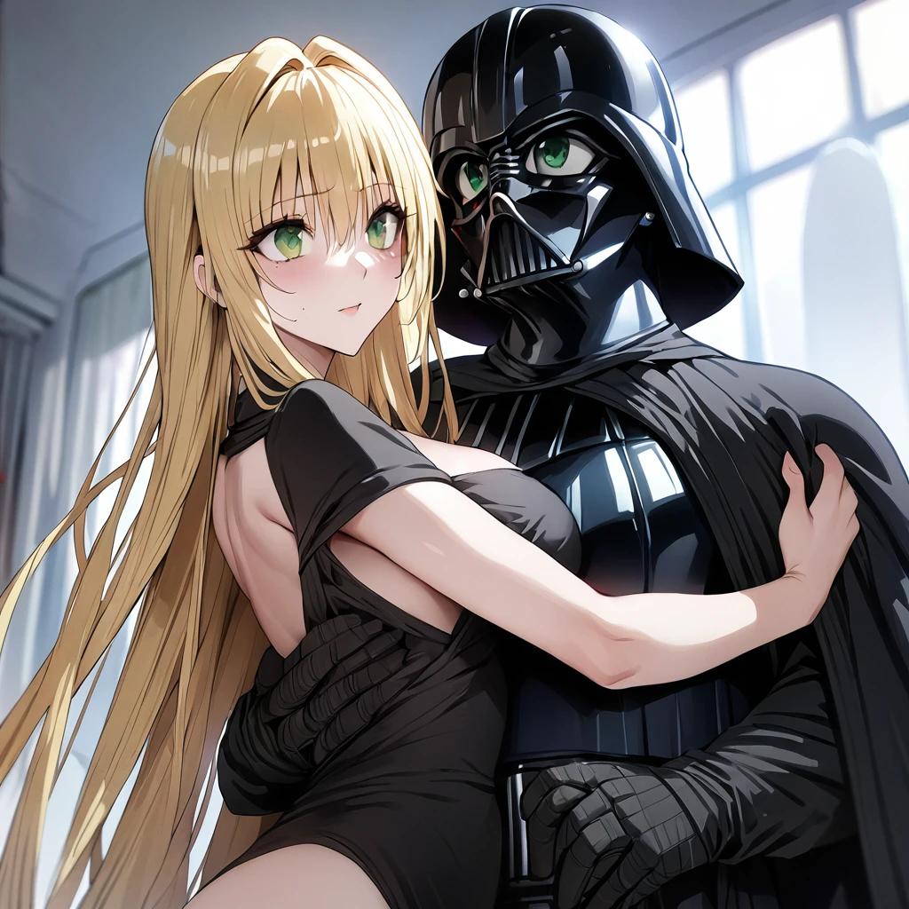 ((Highest quality)), ((masterpiece)), (detailed), （Perfect Face）、The woman is Tiare, with green eyes, medium-long blonde hair, and is wearing a Darth Vader costume.、The woman is standing next to Darth Vader and is being held by him.