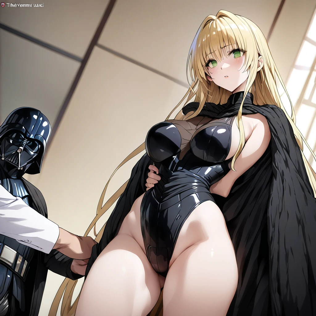 ((Highest quality)), ((masterpiece)), (detailed), (Perfect Face)、The woman is Tiare, with green eyes, medium-long blonde hair, and is wearing a Darth Vader costume.、The woman is standing next to Darth Vader and is being held by him.