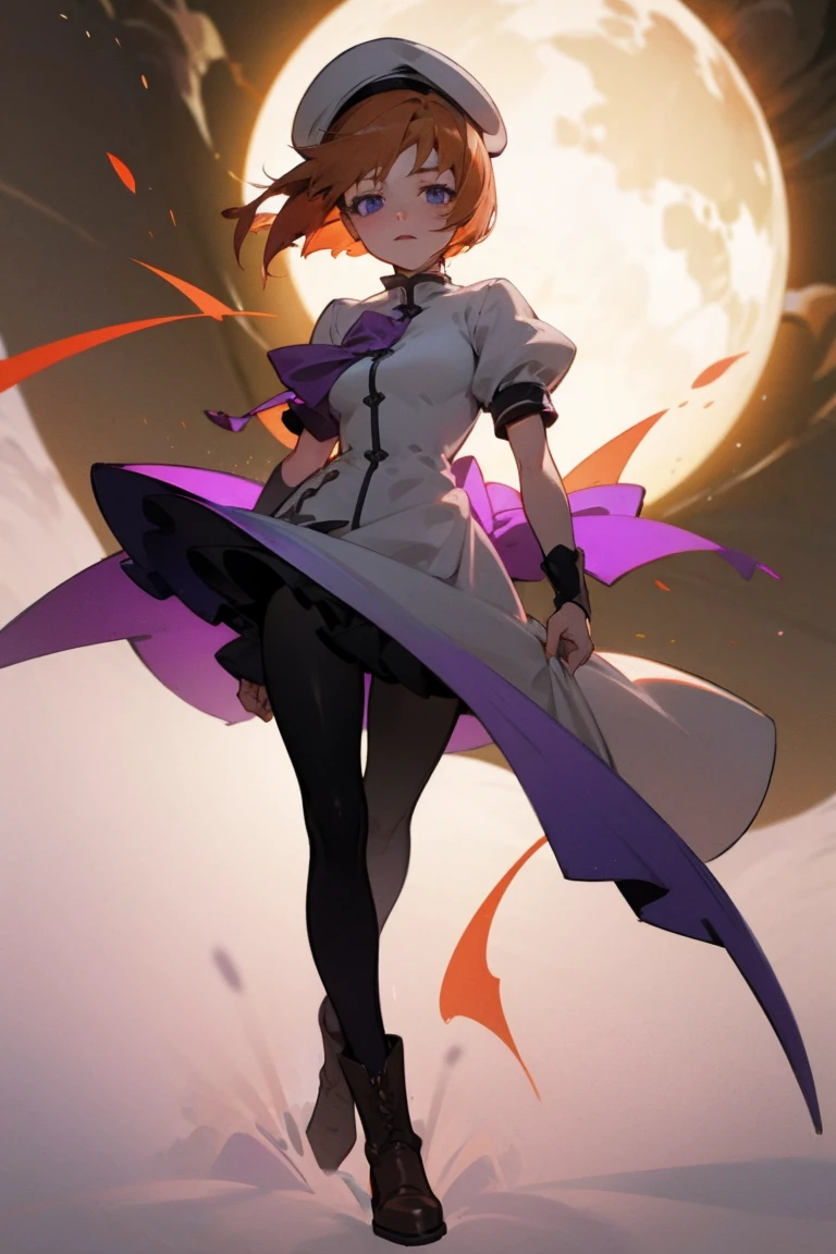 One girl,Beautiful viewasterpiece、Highest quality),Short Hair,Orange Hair,Blue wristband,Purple ribbon,,Short sleeve,,Light colors,White Beret,Blue eyes,White slit dress,Black tights,whole body,Brown boots,battle,