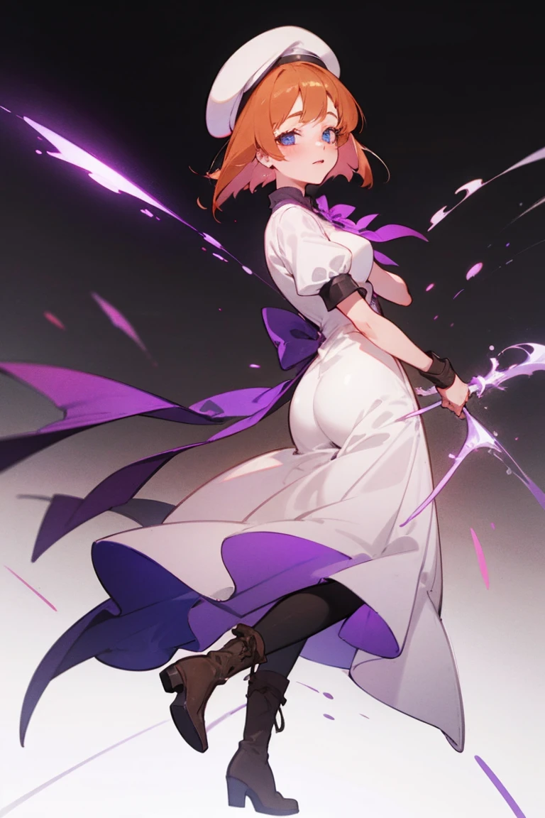 One girl，Beautiful viewasterpiece、Highest quality)，Short Hair,Orange Hair，Blue wristband，Purple ribbon，，Short sleeve，,Light colors,White Beret，Blue eyes,White slit dress，Black tights，whole body，Brown boots，battle，