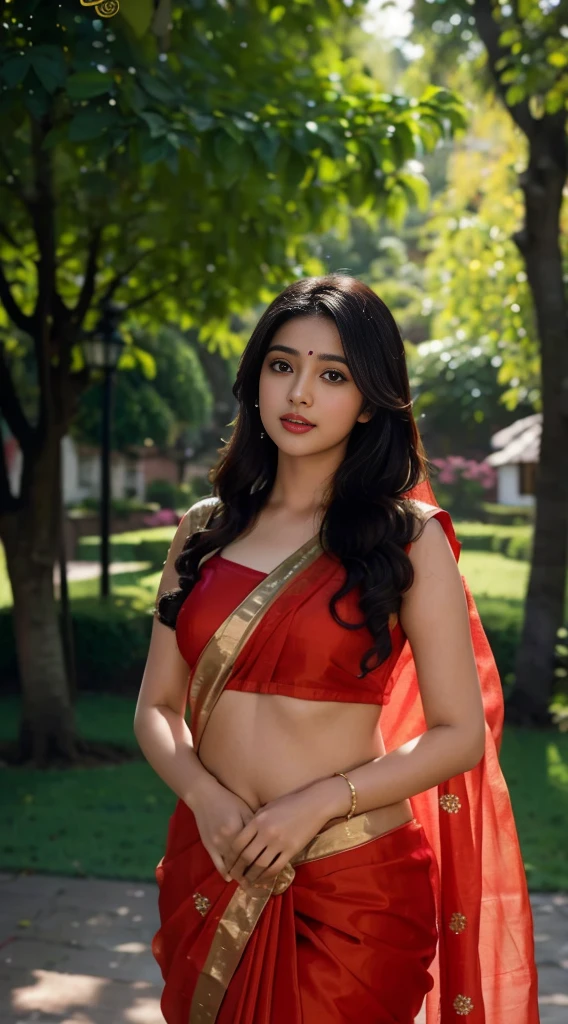Masterpiece, highest quality, high resolution, solo, desi girl with chubby face and natural skin, wearing saree with panty and bra out looking curvy figure, looking deep novel,charming black hair with hair ends subtly blended with blonde hues, backdrop of lush greenary village, bokeh effect creating a dreamy atmosphere.