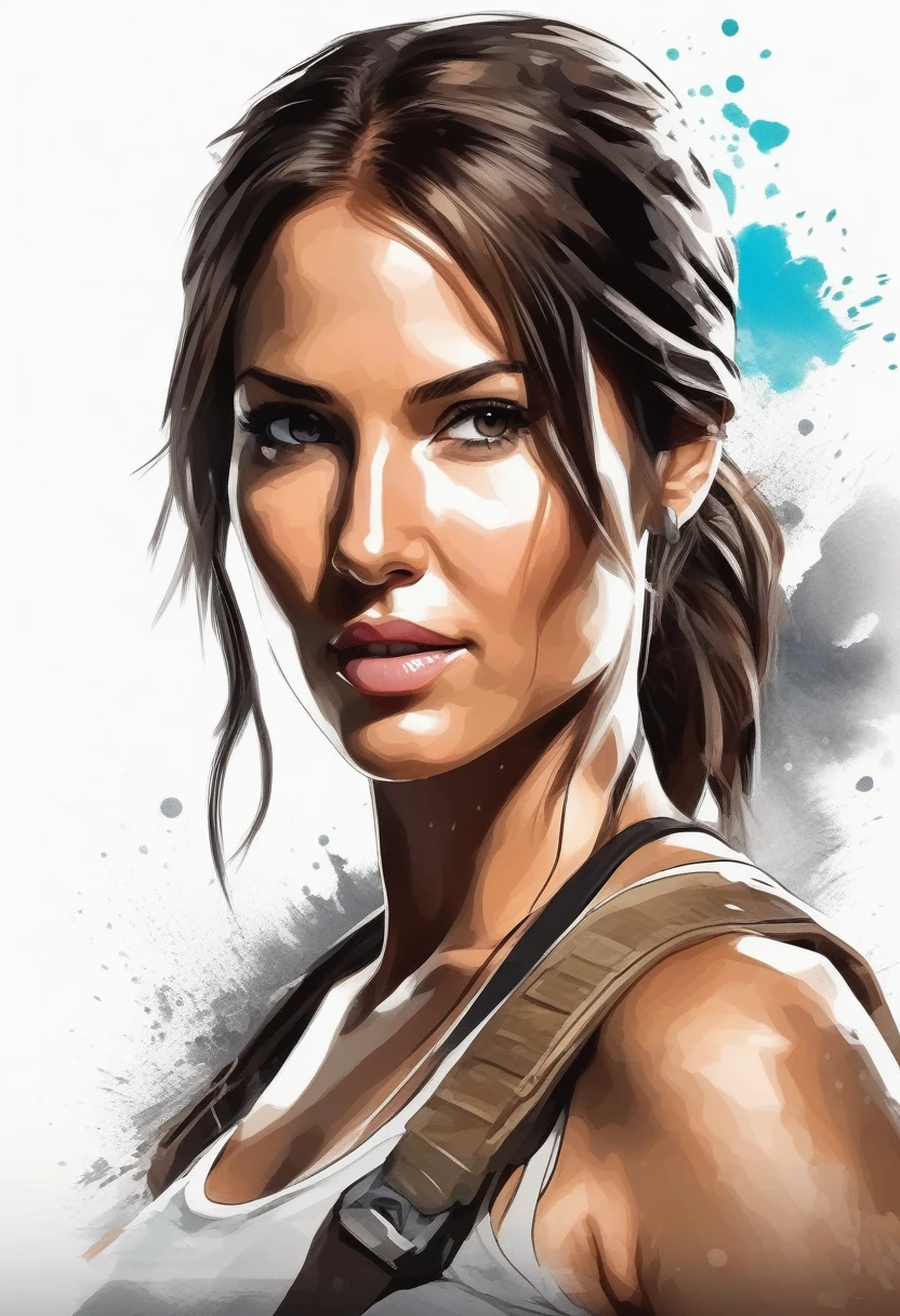 A stylish t-shirt, t shirt design, Centered art, 2D vector, water colour, Lara Croft Tomb Raider, White background, Adobe illustration, trends on artstation, High definition, 8K, details Intricate, vibrant eyes, arte linda, work of art, by Rafael Albuquerque , REMBRANDT luminosity
