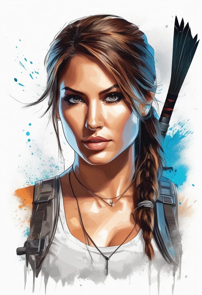 A stylish t-shirt, t shirt design, Centered art, 2D vector, water colour, Lara Croft Tomb Raider, White background, Adobe illustration, trends on artstation, High definition, 8K, details Intricate, vibrant eyes, arte linda, work of art, by Rafael Albuquerque , REMBRANDT luminosity