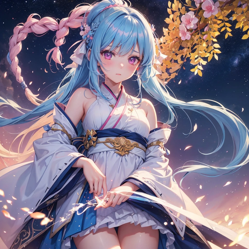 Sky blue hair, (One braided ponytail),(Pink Eyes),Fair skin ,(whole body),(One girl),Hanfu,The goddess,Tanabata,(A beautiful Milky Way in the night sky),Stern face,Blushing,Straight bangs,(masterpiece, Highest quality, Very detailed, Best Shadow), (Detailed Background), (Beautifully detailed face), High Contrast, (Best lighting, Very delicate and beautiful), ((Cinematic Light)), colorful, Hyper Detail, Dramatic Light, Intricate details,