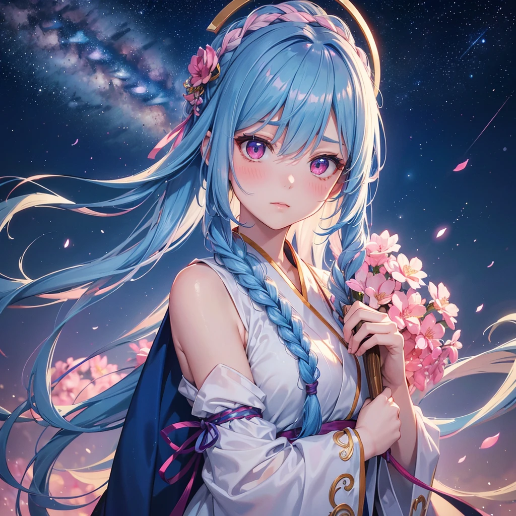 Sky blue hair, (One braided ponytail),(Pink Eyes),Fair skin ,(whole body),(One girl),Hanfu,The goddess,Tanabata,(A beautiful Milky Way in the night sky),Stern face,Blushing,Straight bangs,(masterpiece, Highest quality, Very detailed, Best Shadow), (Detailed Background), (Beautifully detailed face), High Contrast, (Best lighting, Very delicate and beautiful), ((Cinematic Light)), colorful, Hyper Detail, Dramatic Light, Intricate details,