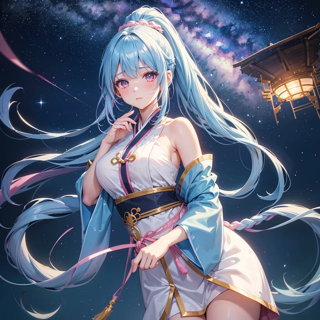 Sky blue hair, (One braided ponytail),(Pink Eyes),Fair skin ,(whole body),(One girl),Hanfu,The goddess,Tanabata,(A beautiful Milky Way in the night sky),Stern face,Blushing,Straight bangs,(masterpiece, Highest quality, Very detailed, Best Shadow), (Detailed Background), (Beautifully detailed face), High Contrast, (Best lighting, Very delicate and beautiful), ((Cinematic Light)), colorful, Hyper Detail, Dramatic Light, Intricate details,