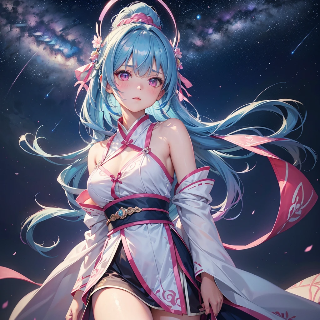 Sky blue hair, (One braided ponytail),(Pink Eyes),Fair skin ,(whole body),(One girl),Hanfu,The goddess,Tanabata,(A beautiful Milky Way in the night sky),Stern face,Blushing,Straight bangs,(masterpiece, Highest quality, Very detailed, Best Shadow), (Detailed Background), (Beautifully detailed face), High Contrast, (Best lighting, Very delicate and beautiful), ((Cinematic Light)), colorful, Hyper Detail, Dramatic Light, Intricate details,