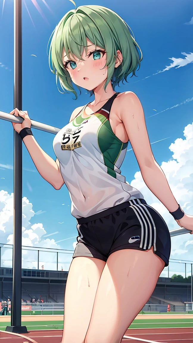 Girl with short green hair, Small size breasts,、Green Eyes, 、,Full body photo from head to toe、Track and field athlete、、、Horizontal bar、Instrumental gymnastics、A toned and toned body、Desperate、Sweat、Uplifting、A moving picture、Shorts、Full Strength、Sports competitions、Serious、