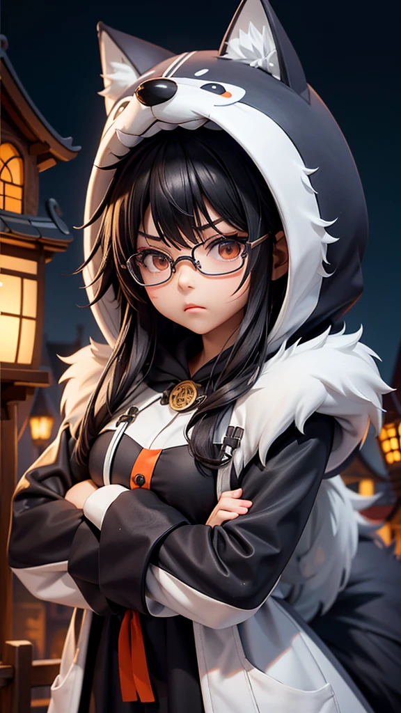 (Highest quality:1.2)。One Woman。Glasses。Angry expression。(Wearing a hooded wolf costume)。(standing)。The background is a Halloween town at night。