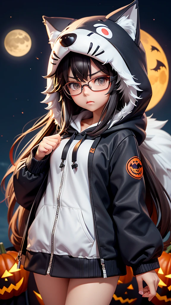 (Highest quality:1.2)。One Woman。Glasses。Angry expression。(Wearing a hooded wolf costume)。(standing)。The background is a Halloween town at night。