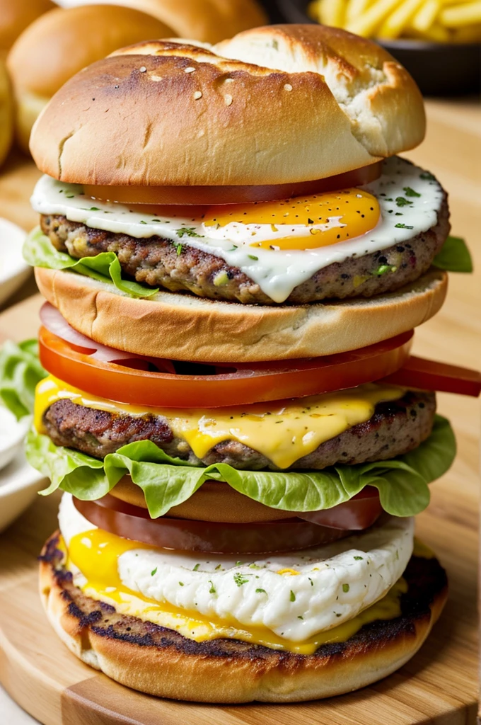 A burger but swap the breads with fried egg and the patty is replaced with bread
