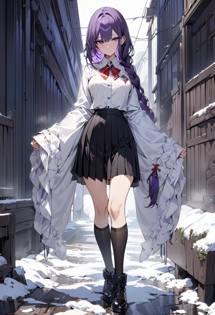 masterpiece, (bestquality), highlydetailed, ultra-detailed, cold, solo, (1girl), dark purple hair, very long single braid, bright purple eyes, (white collared shirt with white furisode sleeves), thin red bow tie under the collar, (diamond-shaped pin on the front of the bow), black high-waisted pleated skirt, dark purple high socks, black ankle boots, medium breasts, calm, expressionless, simple white background, full body, standing