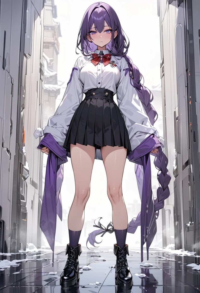 masterpiece, (bestquality), highlydetailed, ultra-detailed, cold, solo, (1girl), dark purple hair, very long single braid, bright purple eyes, (white collared shirt with white furisode sleeves), thin red bow tie under the collar, (diamond-shaped pin on the front of the bow), black high-waisted pleated skirt, dark purple high socks, black ankle boots, medium breasts, calm, expressionless, simple white background, full body, standing