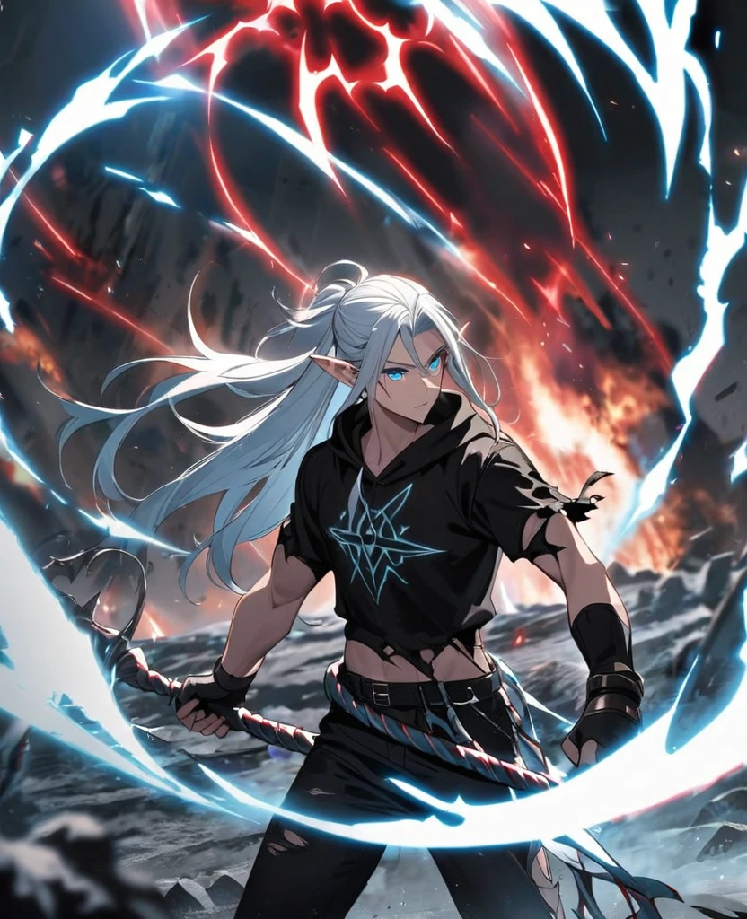 Male,5'4,pierced pointy ears,light skin,blue eyes, white ombre long hair half up half down,black albow length fingerless gloves,ripped red short sleeve cropped hoodie,black tight shirt,ripped black jeans,dark magic,ice whip,on a battlefield