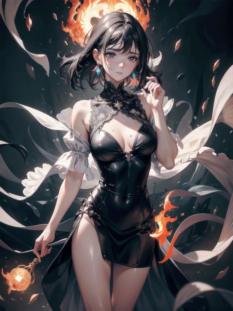 absurdres, RAW photo, extremely delicate and beautiful, masterpiece, Best Quality, ultra high resolution, 32k, hyperrealistic, ultra-detailed, delicate facial features, beautiful detailed woman, tearful mole, earring, medium breasts, full body shot, medium hair, black hair, fire witch, blood, light particles, light rays, high contrast, colorful,