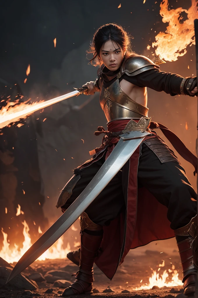 Warrior using two swords, with fire coming out of your body