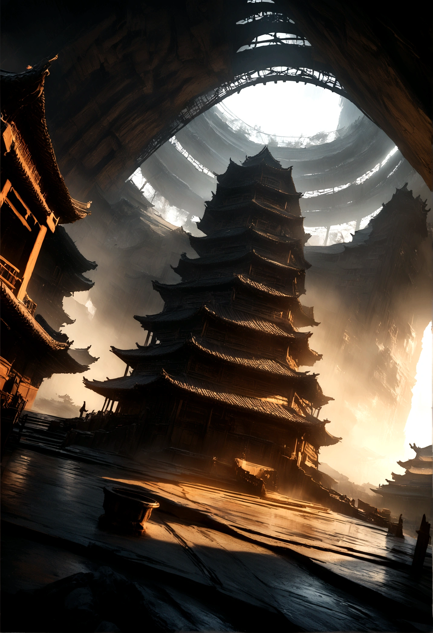 a high-rise building with futuristic architecture, ancient chinese architecture, a black-cloaked assassin, dramatic lighting, cinematic composition, detailed textures, hard surface modeling, moody atmosphere, dynamic camera angle, dramatic lighting, cinematic composition, digital art, matte painting, concept art, photorealistic, 8k, high quality, masterpiece
