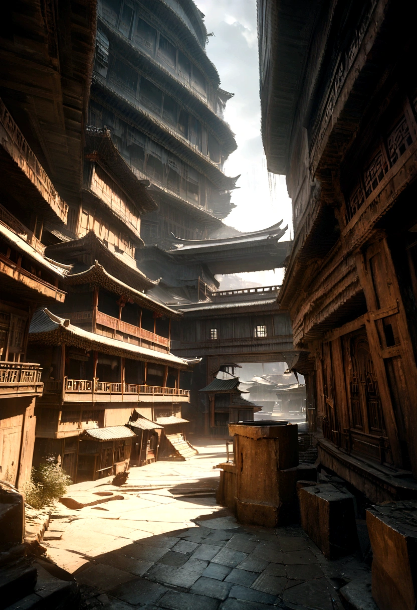 a high-rise building with futuristic architecture, ancient chinese architecture, a black-cloaked assassin, dramatic lighting, cinematic composition, detailed textures, hard surface modeling, moody atmosphere, dynamic camera angle, dramatic lighting, cinematic composition, digital art, matte painting, concept art, photorealistic, 8k, high quality, masterpiece