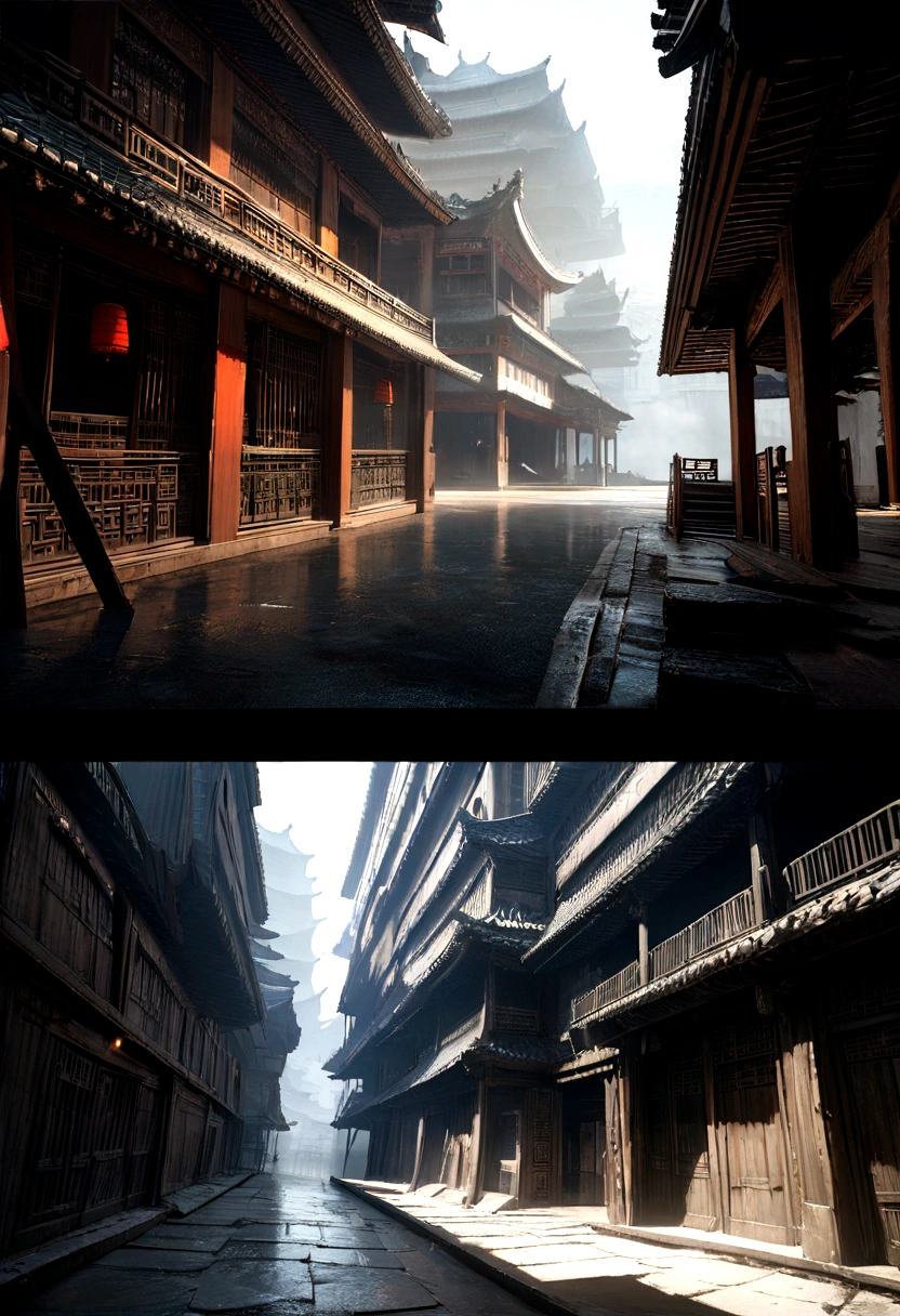 a high-rise building with futuristic architecture, ancient chinese architecture, a black-cloaked assassin, dramatic lighting, cinematic composition, detailed textures, hard surface modeling, moody atmosphere, dynamic camera angle, dramatic lighting, cinematic composition, digital art, matte painting, concept art, photorealistic, 8k, high quality, masterpiece