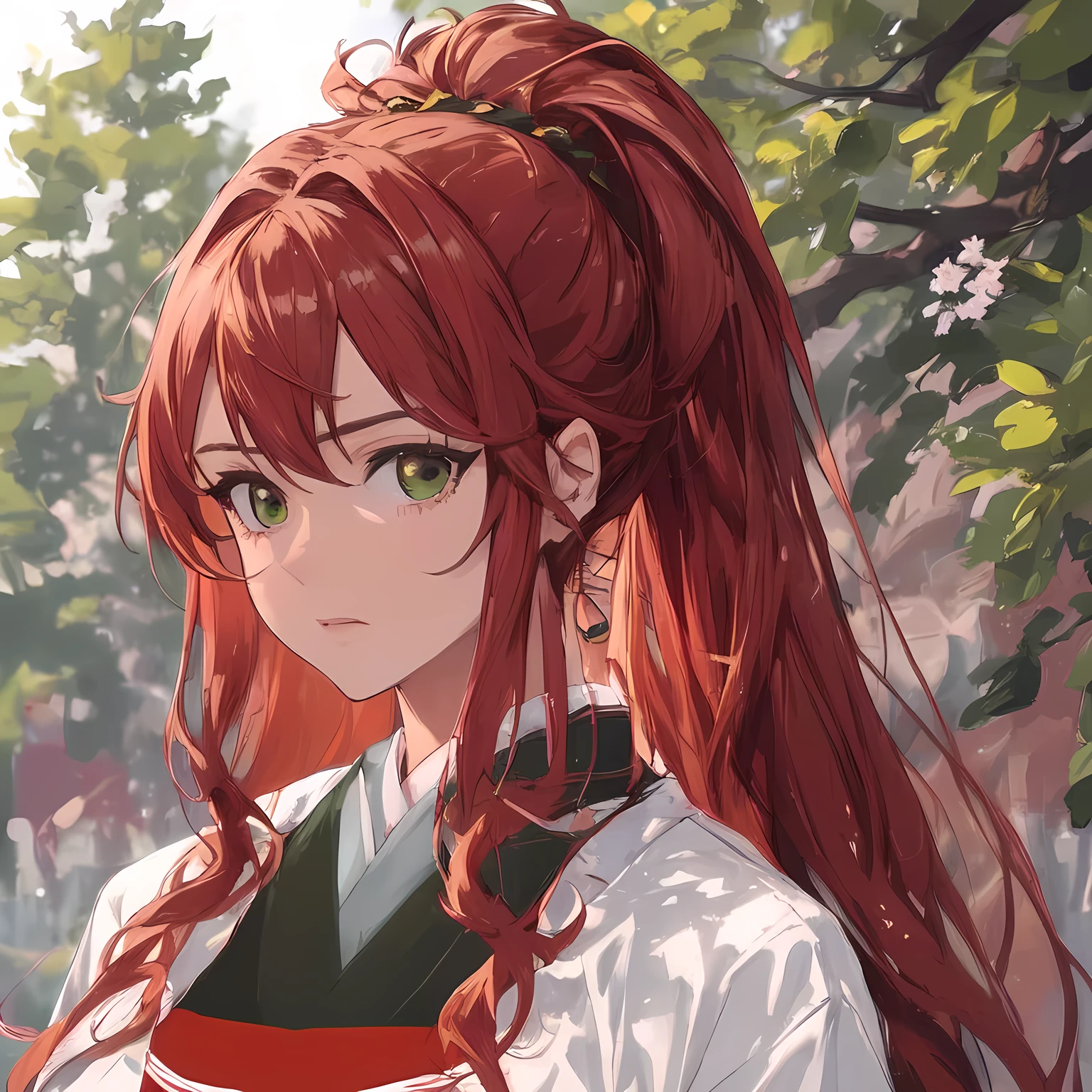 masterpiece, Highest quality, Beautiful woman with red hair and green eyes, Having a lot of hair, (Loosely wavy long hair), Beautiful, detailed, narrow eyes, Yoko Nakajima, The Twelve Kingdoms, Brown Skin, kimono, (Super detailed)