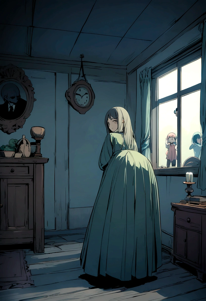 Create a anime image of Creepy and mysterious image of a mother with her 2 children in a room  
Very scary 
Dark
