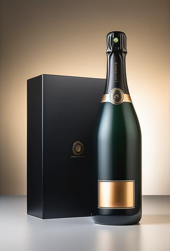 a high-end bottle of champagne with a blank gold design



a black case for storing the luxury champagne bottle



ultra-luxury feeling

8k