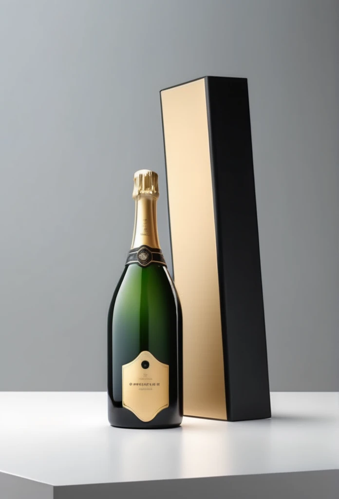 a high-end bottle of champagne with a blank gold design
a black case for storing the luxury champagne bottle
ultra-luxury feeling
8k