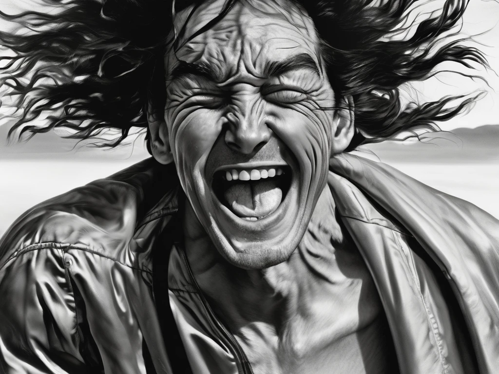 High-energy, close-up portrait of a person styled in a wild windblown manner. the heavy and fast wind has deformed the skin of the cheeks in a wavy manner, The subject's facial expression is exaggerated, with one eye squinted and the other wide open, and the mouth stretched into a large toothy grin, which emphasizes the dynamic and humorous nature, The overall composition is centered, focusing on the subject's face and hair.