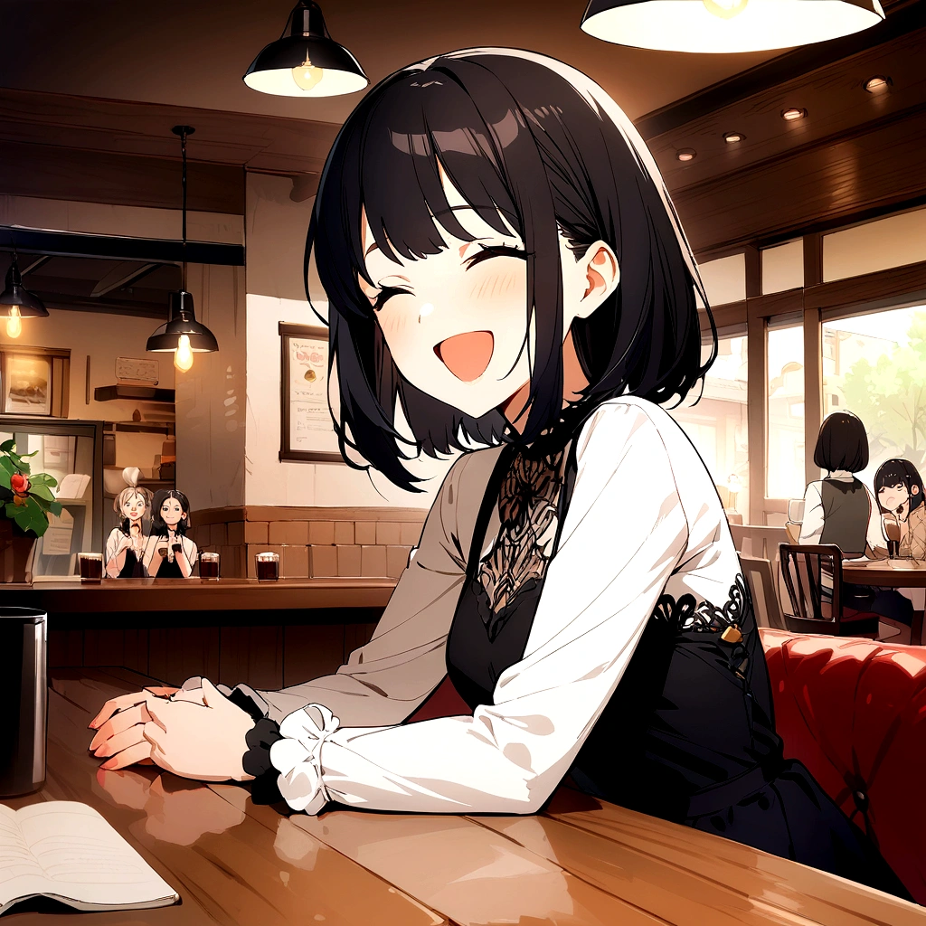 girl, Black Hair, younger sister, Her hair is a short bob、Laughing at the speaker, High-quality images, Tabletop, beautiful girl, Cafe,