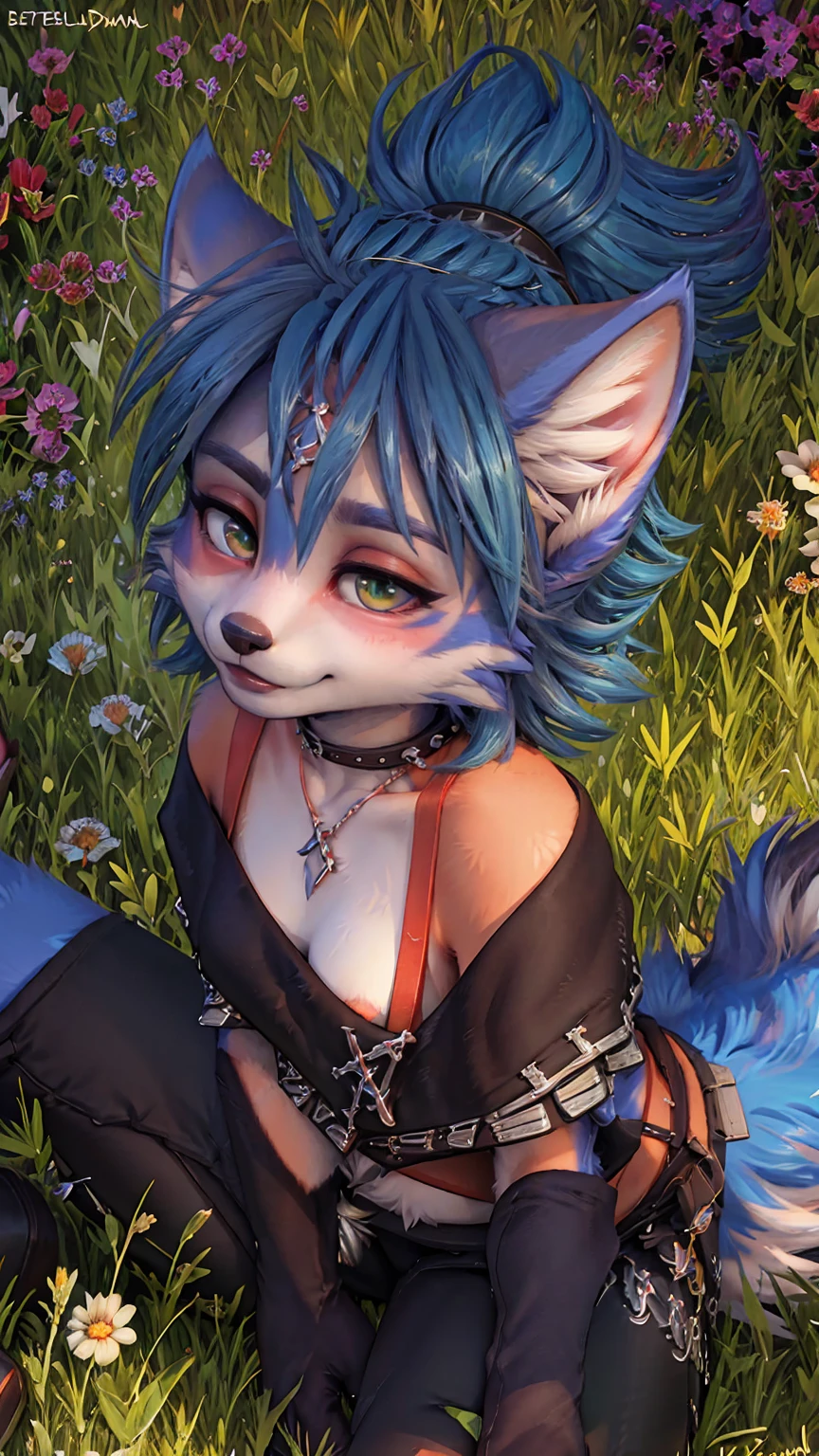 A beautiful and detailed (sweet portrait) wa ((Krystal)), Star Fox Krystal, sslim, lovable, green eyes, medium breasts, (((Long blue hair 1.3))), Decollete, anthro, furry, Uploaded E621, detailed fluffy fur, (wa Fluff-Kevlar, Bayard Wu, Personalami, Pino Daeni), detailed face, (fluffy), 1 girl, alone, sweet girl, ((lies on a meadow:1.3)), looks at the viewer, viewer is above the, her whole body is visible from head to toe, 