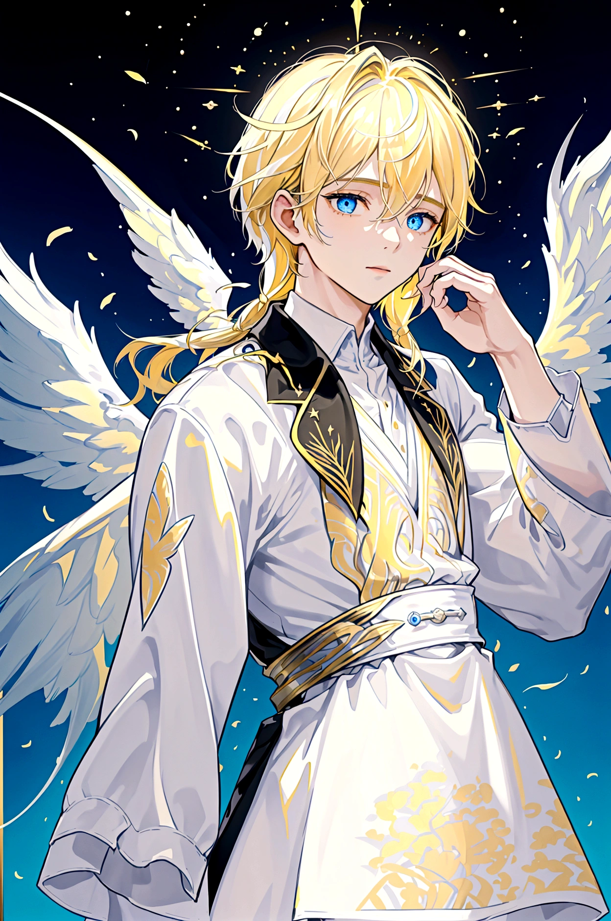 Divide the picture into two halves, creating a contrast between above and below. The upper half is a light-colored sky consisting of two main colors: white and yellow, with surrounding decorative motifs related to light, gods, and angels. The bottom half is an ocean with dark tones consisting of two main colors: blue and white, the surrounding decorative motifs are schools of small fish. In the upper half, there will be a guy with blond hair and black eyes holding his hand down. At the bottom there will be a guy with black hair and blue eyes raising one hand upward. The fingers of the two of them touched each other.