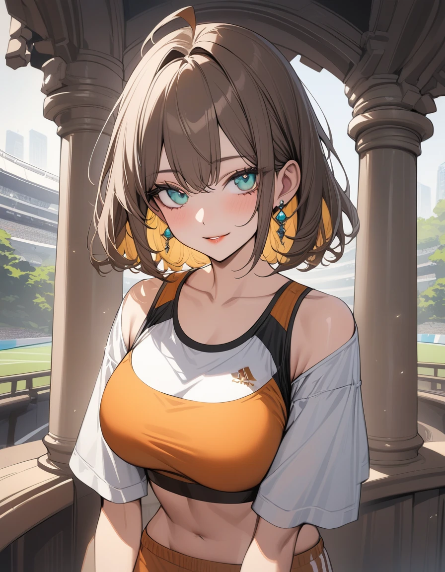 (Highest quality:1.2, High Detail, masterpiece:1.2, Best aesthetics), (1 girl), Beautiful woman, Beautiful detailed eyes, Beautiful detailed lips, Highly detailed face, Delicate depiction of hair and eyes, Detailed Fashion, (detailed background:1.2) ((Portraiture, Cowboy Shot)), Aqua Eye, huge ahoge, Mouth open, Earrings, View your viewers, big breasts, upper body, full body from knees to head, gaze away, gaze into the distance, smile lightly, fancy nails, bracelet, medium hair, yellow color inner hair, brown hair, track and field wear, tight racing bloomers, separate, sports bra