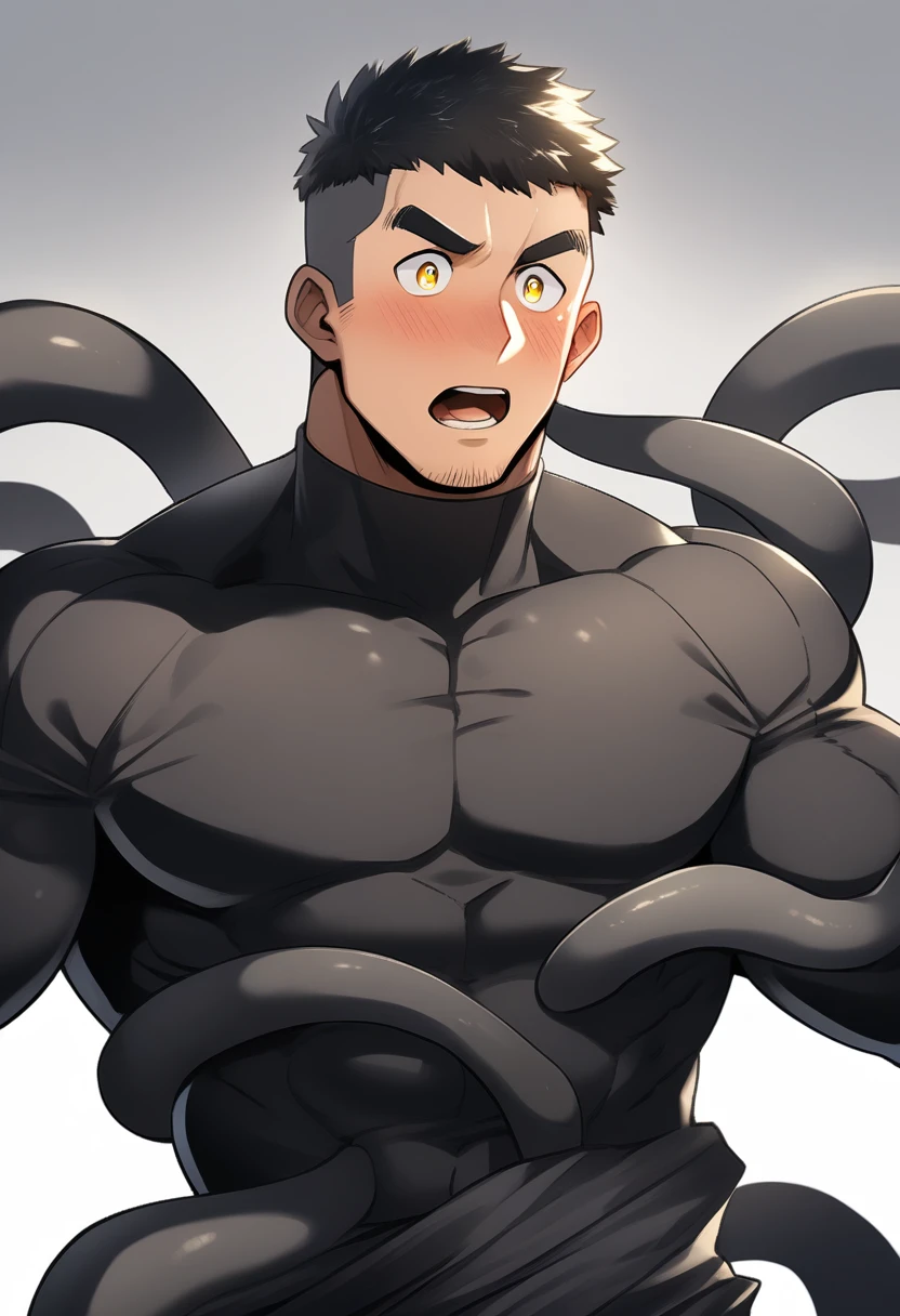 anime characters:Superhero in tights, negro black skin, He was entangled by a large number of thick black tentacles, Very stout, Lots of mucus, Wrap around the neck, Wrap around the waist, Tightly tied, Manliness, male focus, Yellow and black high collar long sleeve tight T-shirt, Slightly transparent material, Very tight, Round, full and perky chest muscles, Male dog waist, Slightly transparent, muscular male, muscular, only, Upper body, alone, Black short hair, Thick eyebrows, stubble, Yellow eyes, Grey background, simple background, amazing quality, best aesthetics, Ridiculous, bright pupils, crew cut, parted lips, blush, open mouth, scared, drop shadow, best quality