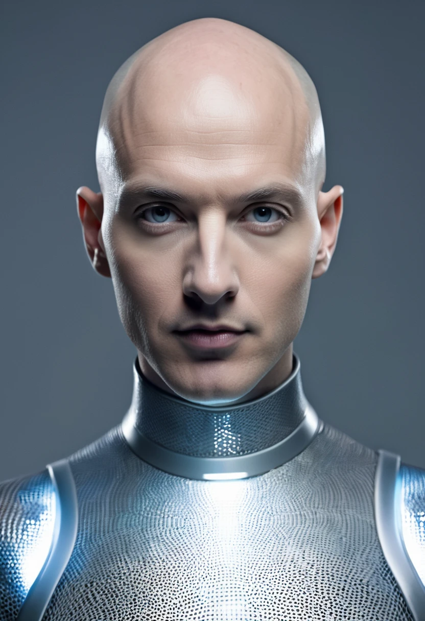1 futuristic bald man,  without any facial features,  lamp facing the viewer plastic textured skin, (ntf image)