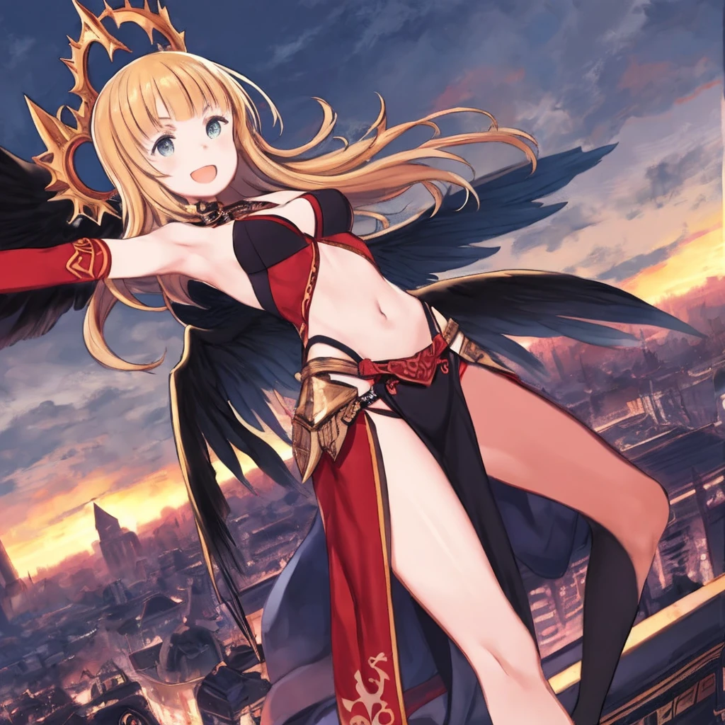 fantasy, 1girl, low_teen, blond_hair,long_bangs, bare_shoulder, navel out, thighhighs,black_armor, red_clothes,waist_armor, Glebe, hold_sword, medium_breasts, dynamic_flying_pose,Floating, (1pair_black_wings:1.2),(pelvic_curtain:1.3), Headgear ,looking_down_city,sunset_city_sky_background,,slightly_spread_legs,some_swords_floating_around_the_girl,solo,light_smile,open_mouth,open_legs,open_arms,rise_knee,rise_leg,rise_thigh,rise_leg,forward_leaning_posture,apart_legs,