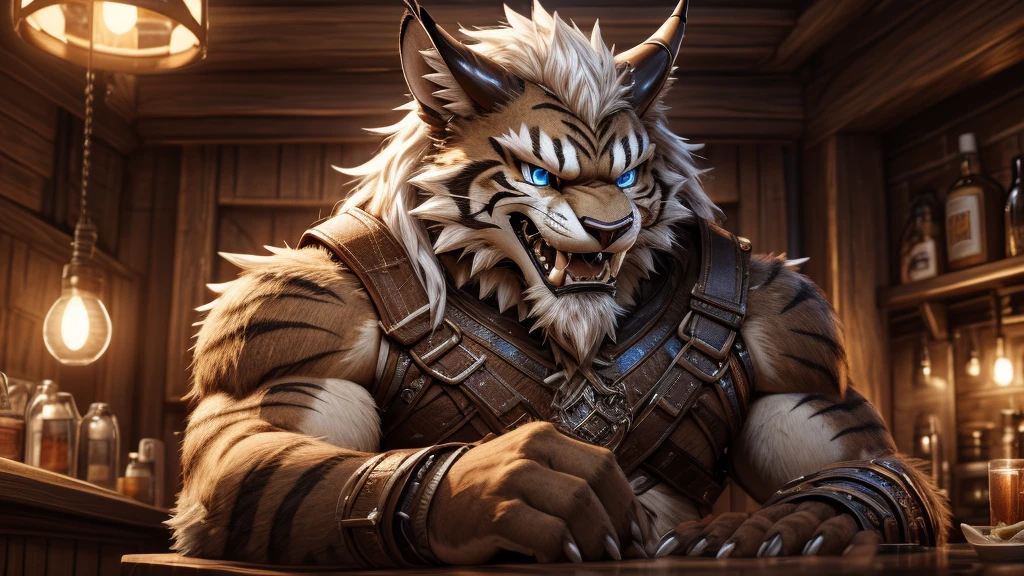 head、Animal cat face、A pair of dragon horns,Fluffy white hair all over the body、Heavy breathing、Gnashing of teeth,Serious expression,Fluffy belly、Leather Armor,Viking style,wildcat、blue eyes,(contour)The whole body is covered with long white hair、Hairy body、Long and thick armpit hair、Fangs、4K,bar(sit在沙发)Sharp claws、Capture the composition of the whole body,HD,sit