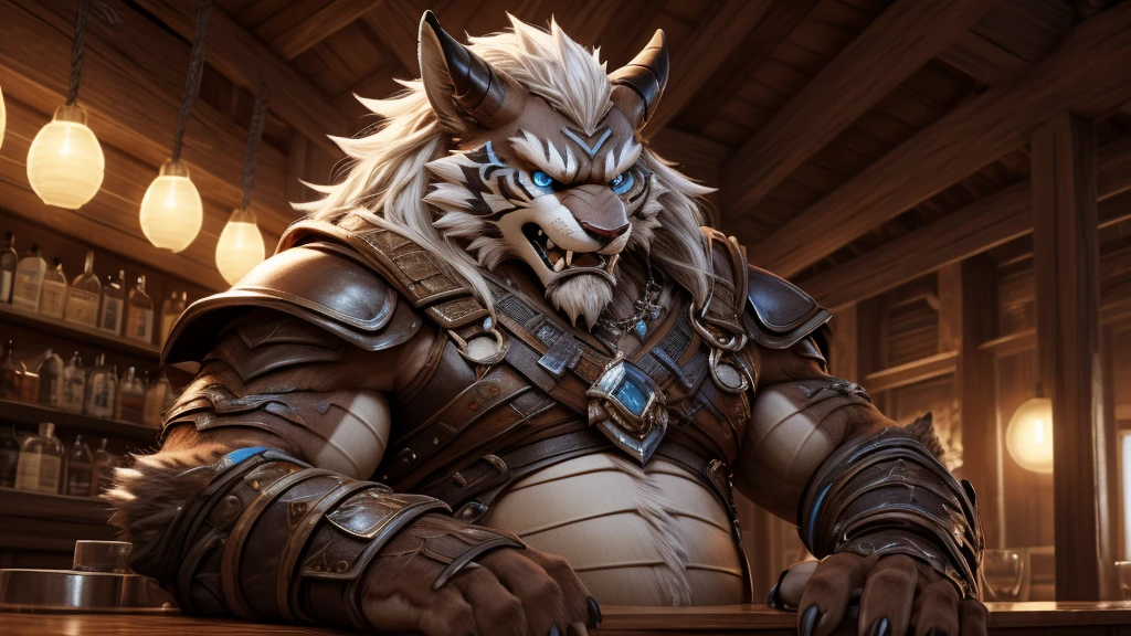 head、Animal cat face、A pair of dragon horns，Fluffy white hair all over the body、Heavy breathing、Gnashing of teeth,Serious expression,Fluffy belly、Leather Armor，Viking style，wildcat、blue eyes，(contour）The whole body is covered with long white hair、Hairy body、Long and thick armpit hair、Fangs、4K，bar（sit在沙发）Sharp claws、Capture the composition of the whole body，HD，sit