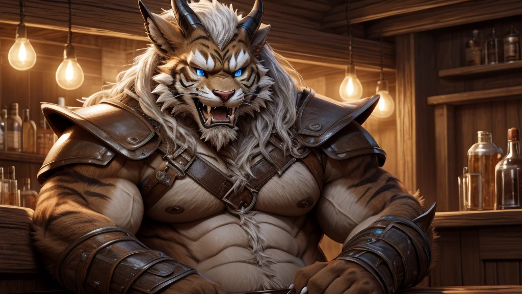head、Animal cat face、A pair of dragon horns，Fluffy white hair all over the body、Heavy breathing、Gnashing of teeth,Serious expression,Fluffy belly、Leather Armor，Viking style，wildcat、blue eyes，(contour）The whole body is covered with long white hair、Hairy body、Long and thick armpit hair、Fangs、4K，bar（sit在沙发）Sharp claws、Capture the composition of the whole body，HD，sit