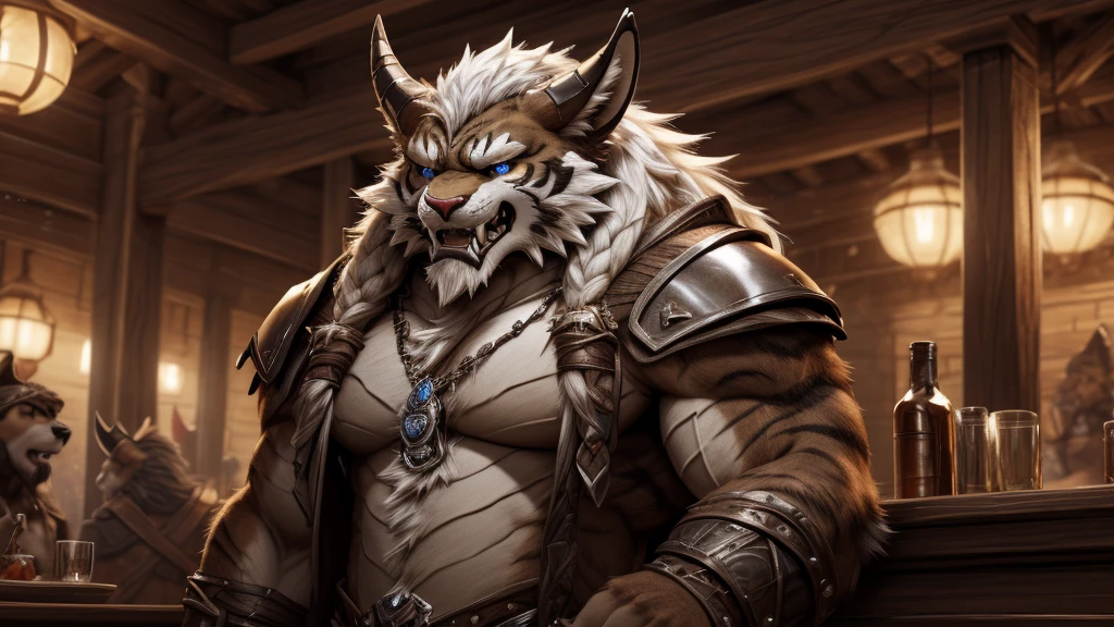 head、Animal cat face、A pair of dragon horns，Fluffy white hair all over the body、Heavy breathing、Gnashing of teeth,Serious expression,Fluffy belly、Leather Armor，Viking style，wildcat、blue eyes，(contour）The whole body is covered with long white hair、Hairy body、Long and thick armpit hair、Fangs、4K，bar（sit在沙发）Sharp claws、Capture the composition of the whole body，HD，sit