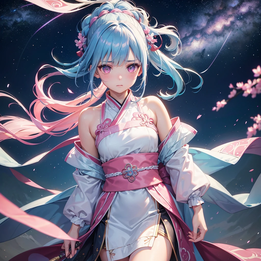 Sky blue hair, (One braided ponytail),(Pink Eyes),Fair skin ,(whole body),(One girl),Hanfu,The goddess,Tanabata,(A beautiful Milky Way in the night sky),Stern face,Blushing,Straight bangs,(masterpiece, Highest quality, Very detailed, Best Shadow), (Detailed Background), (Beautifully detailed face), High Contrast, (Best lighting, Very delicate and beautiful), ((Cinematic Light)), colorful, Hyper Detail, Dramatic Light, Intricate details,